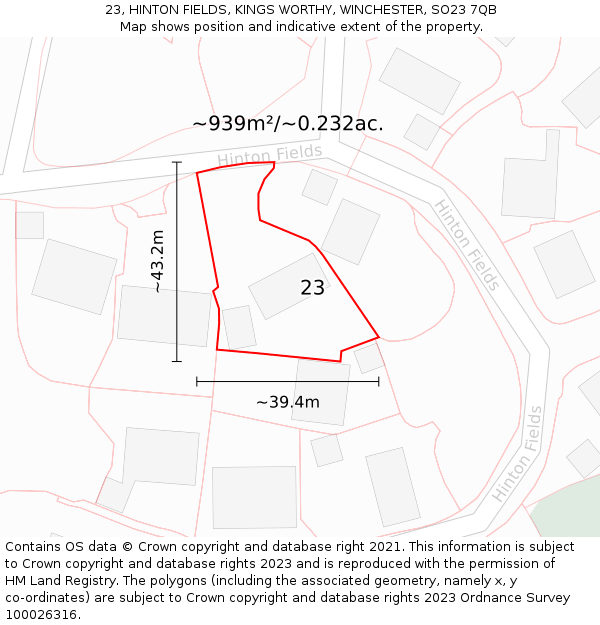 23, HINTON FIELDS, KINGS WORTHY, WINCHESTER, SO23 7QB: Plot and title map