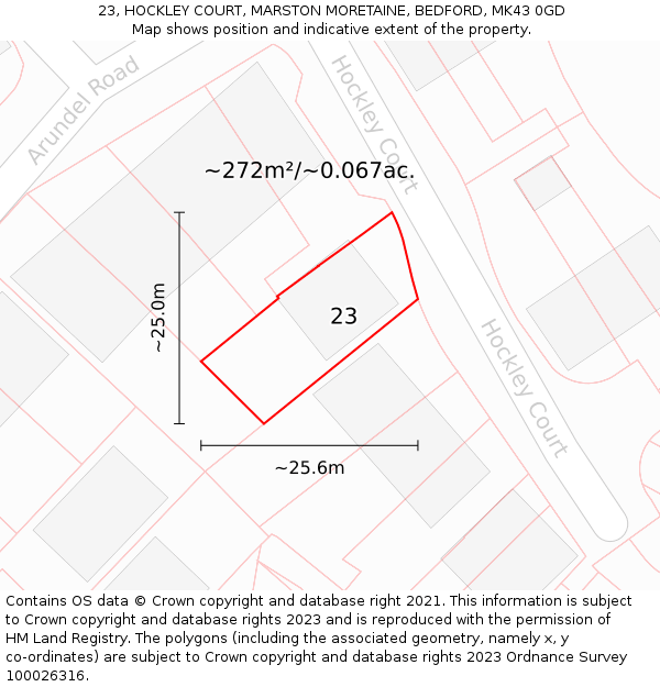 23, HOCKLEY COURT, MARSTON MORETAINE, BEDFORD, MK43 0GD: Plot and title map