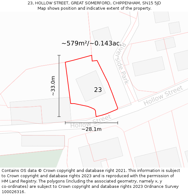 23, HOLLOW STREET, GREAT SOMERFORD, CHIPPENHAM, SN15 5JD: Plot and title map