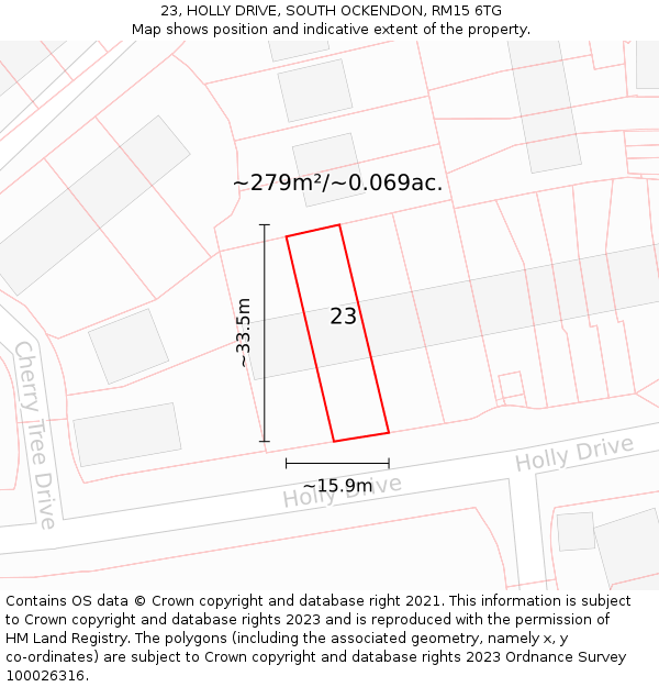 23, HOLLY DRIVE, SOUTH OCKENDON, RM15 6TG: Plot and title map