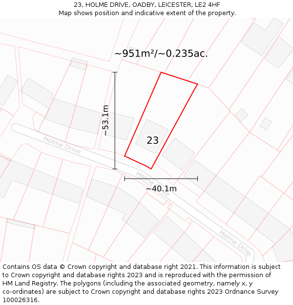 23, HOLME DRIVE, OADBY, LEICESTER, LE2 4HF: Plot and title map