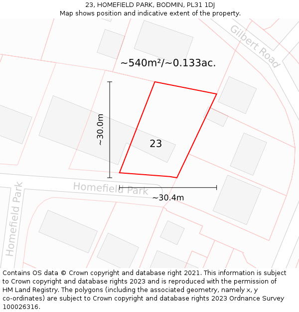 23, HOMEFIELD PARK, BODMIN, PL31 1DJ: Plot and title map