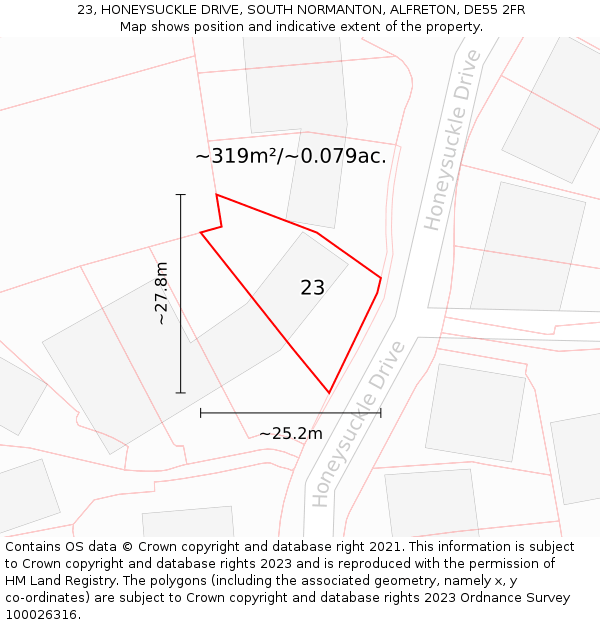 23, HONEYSUCKLE DRIVE, SOUTH NORMANTON, ALFRETON, DE55 2FR: Plot and title map