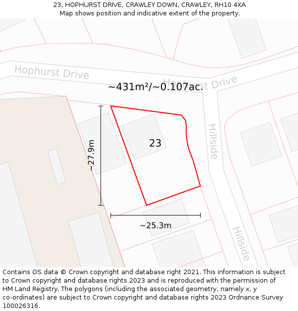 23, HOPHURST DRIVE, CRAWLEY DOWN, CRAWLEY, RH10 4XA: Plot and title map