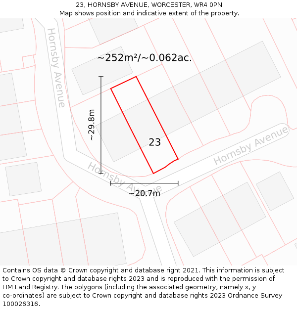 23, HORNSBY AVENUE, WORCESTER, WR4 0PN: Plot and title map