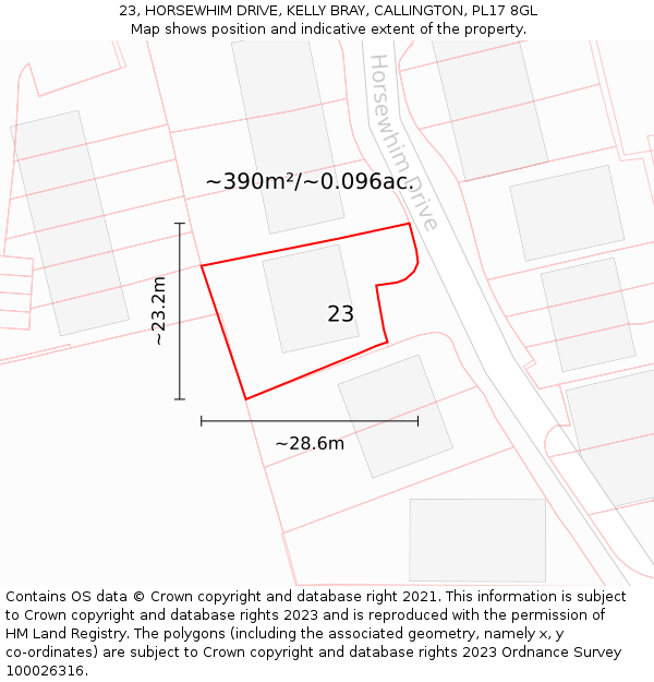 23, HORSEWHIM DRIVE, KELLY BRAY, CALLINGTON, PL17 8GL: Plot and title map