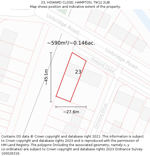 23, HOWARD CLOSE, HAMPTON, TW12 2UB: Plot and title map