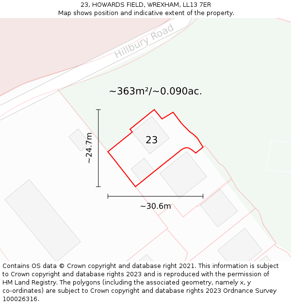 23, HOWARDS FIELD, WREXHAM, LL13 7ER: Plot and title map