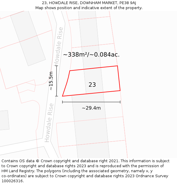 23, HOWDALE RISE, DOWNHAM MARKET, PE38 9AJ: Plot and title map