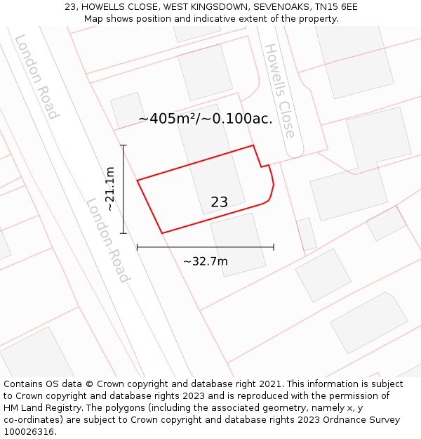 23, HOWELLS CLOSE, WEST KINGSDOWN, SEVENOAKS, TN15 6EE: Plot and title map