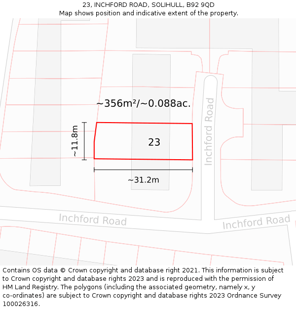 23, INCHFORD ROAD, SOLIHULL, B92 9QD: Plot and title map