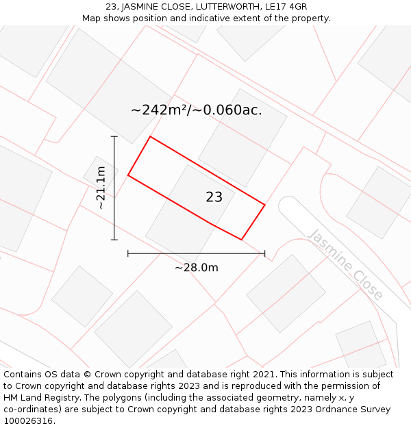 23, JASMINE CLOSE, LUTTERWORTH, LE17 4GR: Plot and title map