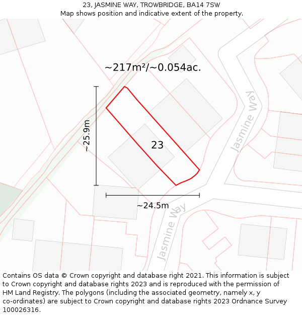 23, JASMINE WAY, TROWBRIDGE, BA14 7SW: Plot and title map