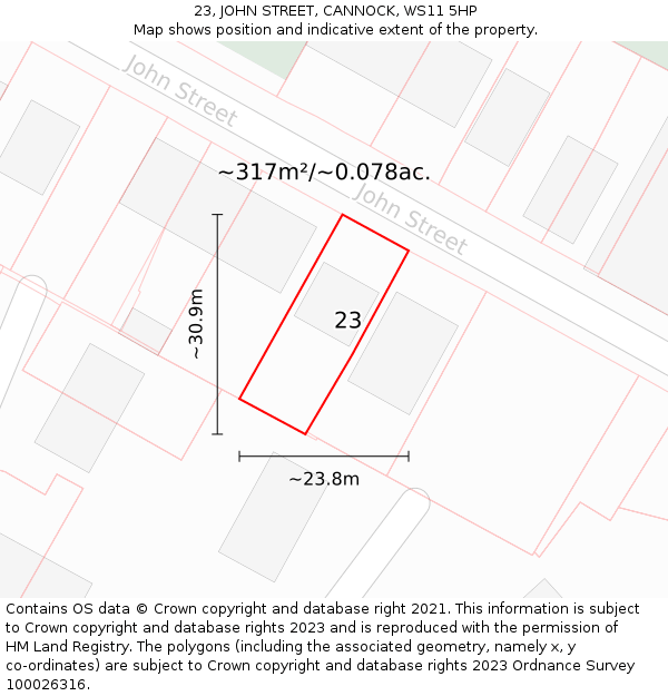 23, JOHN STREET, CANNOCK, WS11 5HP: Plot and title map