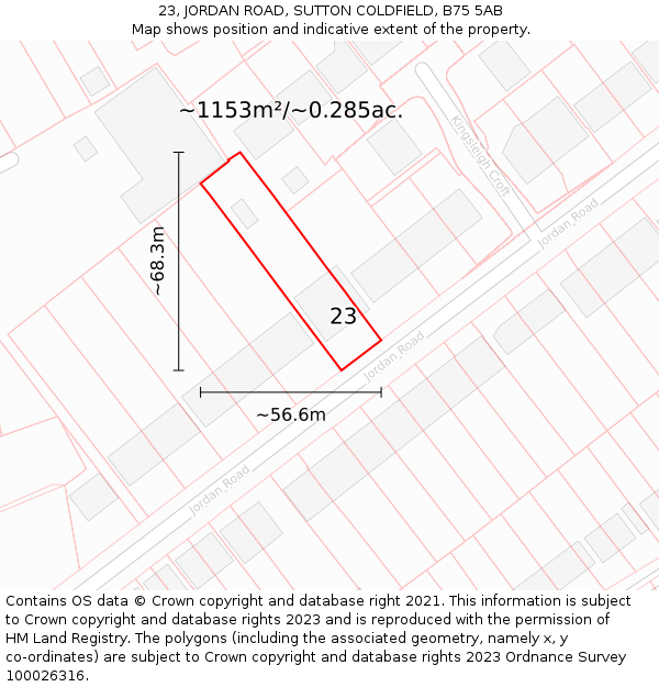 23, JORDAN ROAD, SUTTON COLDFIELD, B75 5AB: Plot and title map