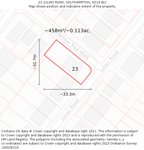 23, JULIAN ROAD, SOUTHAMPTON, SO19 8LY: Plot and title map