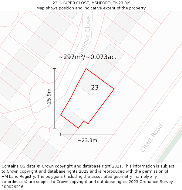 23, JUNIPER CLOSE, ASHFORD, TN23 3JY: Plot and title map