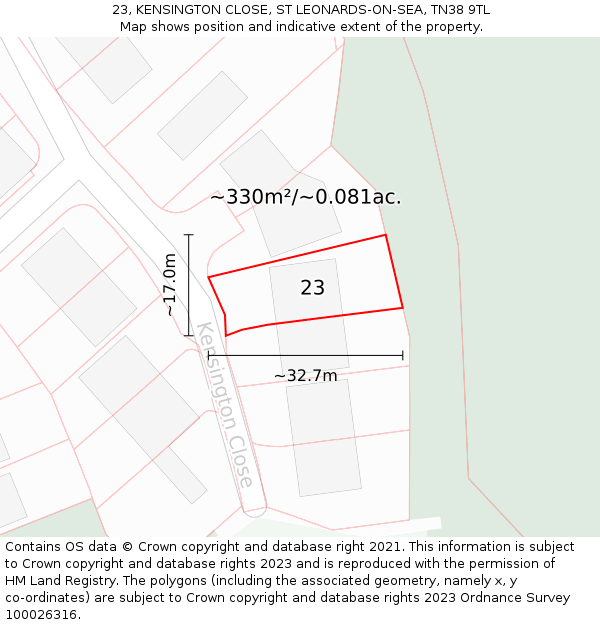 23, KENSINGTON CLOSE, ST LEONARDS-ON-SEA, TN38 9TL: Plot and title map