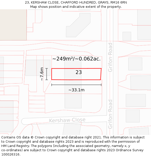 23, KERSHAW CLOSE, CHAFFORD HUNDRED, GRAYS, RM16 6RN: Plot and title map