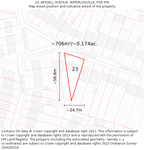 23, KEYDELL AVENUE, WATERLOOVILLE, PO8 9TA: Plot and title map