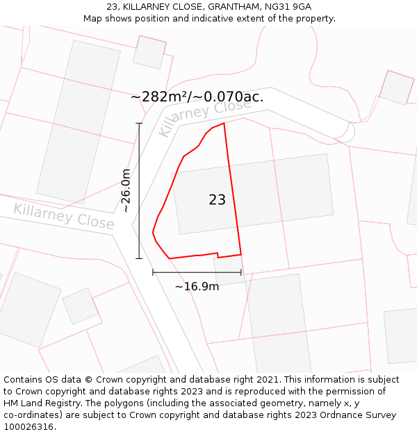 23, KILLARNEY CLOSE, GRANTHAM, NG31 9GA: Plot and title map