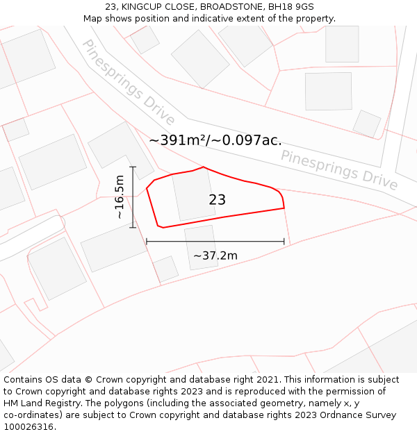 23, KINGCUP CLOSE, BROADSTONE, BH18 9GS: Plot and title map