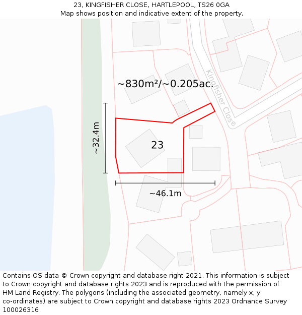 23, KINGFISHER CLOSE, HARTLEPOOL, TS26 0GA: Plot and title map