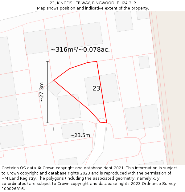 23, KINGFISHER WAY, RINGWOOD, BH24 3LP: Plot and title map