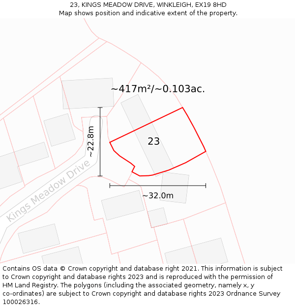 23, KINGS MEADOW DRIVE, WINKLEIGH, EX19 8HD: Plot and title map