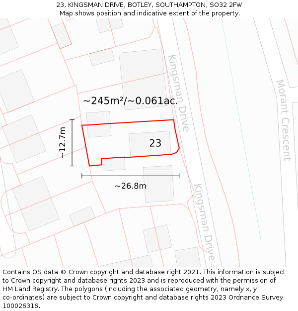 23, KINGSMAN DRIVE, BOTLEY, SOUTHAMPTON, SO32 2FW: Plot and title map