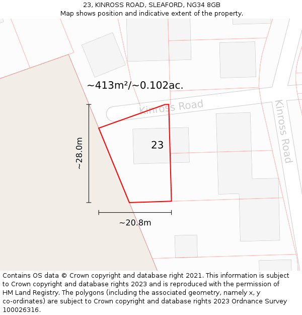 23, KINROSS ROAD, SLEAFORD, NG34 8GB: Plot and title map