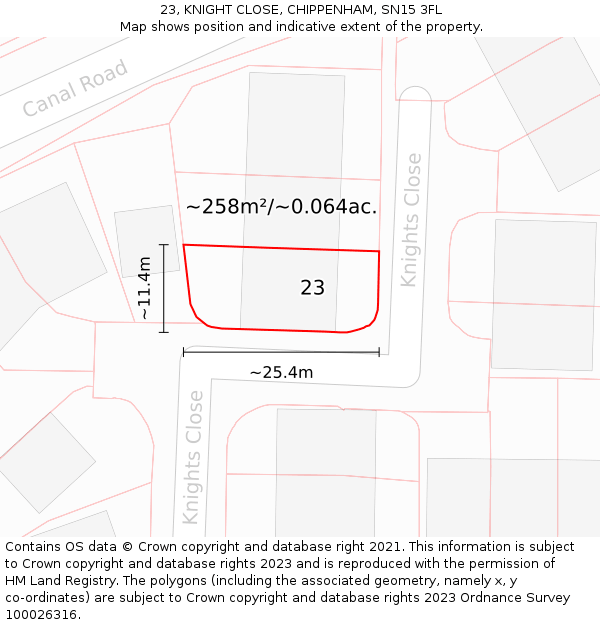 23, KNIGHT CLOSE, CHIPPENHAM, SN15 3FL: Plot and title map