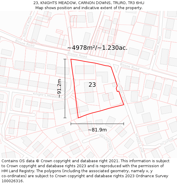 23, KNIGHTS MEADOW, CARNON DOWNS, TRURO, TR3 6HU: Plot and title map