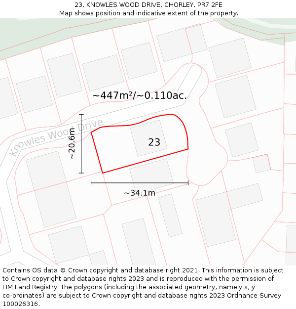 23, KNOWLES WOOD DRIVE, CHORLEY, PR7 2FE: Plot and title map