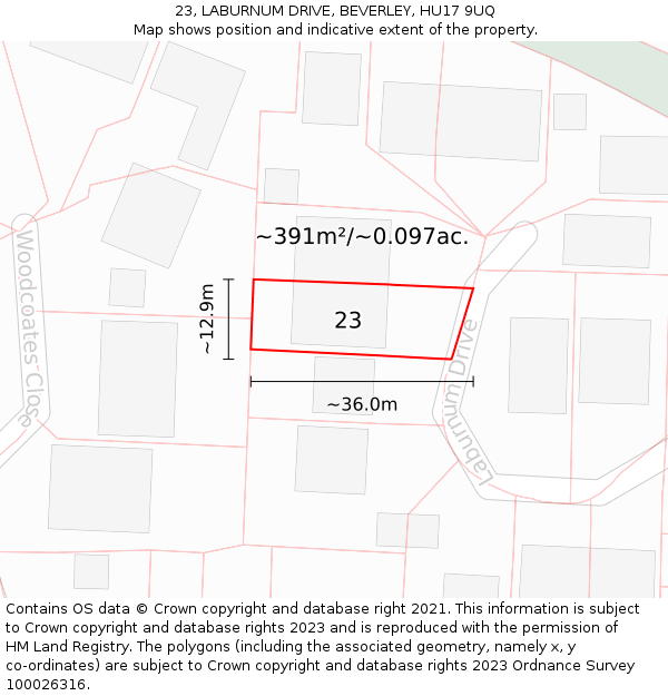 23, LABURNUM DRIVE, BEVERLEY, HU17 9UQ: Plot and title map