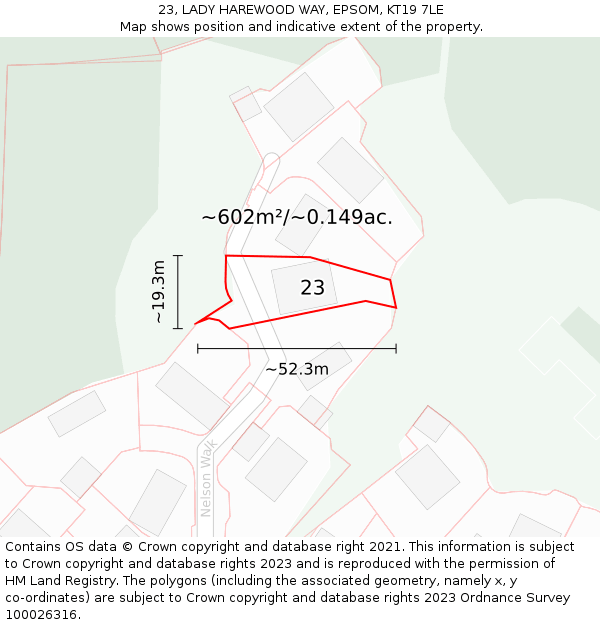 23, LADY HAREWOOD WAY, EPSOM, KT19 7LE: Plot and title map