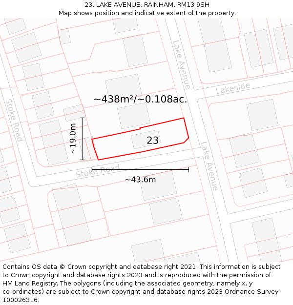 23, LAKE AVENUE, RAINHAM, RM13 9SH: Plot and title map