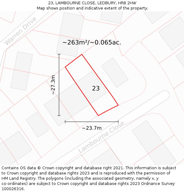 23, LAMBOURNE CLOSE, LEDBURY, HR8 2HW: Plot and title map