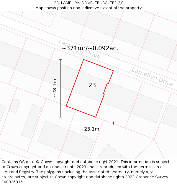 23, LAMELLYN DRIVE, TRURO, TR1 3JR: Plot and title map