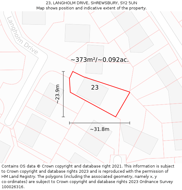 23, LANGHOLM DRIVE, SHREWSBURY, SY2 5UN: Plot and title map