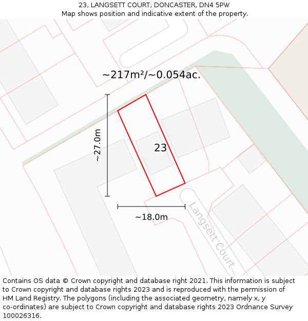 23, LANGSETT COURT, DONCASTER, DN4 5PW: Plot and title map