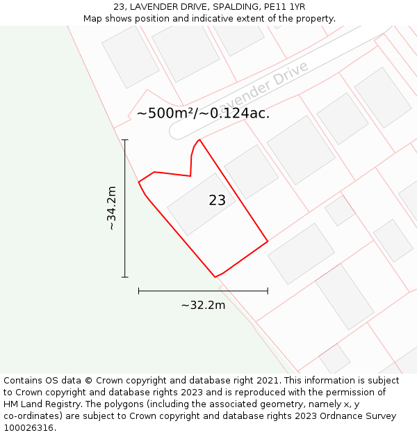 23, LAVENDER DRIVE, SPALDING, PE11 1YR: Plot and title map