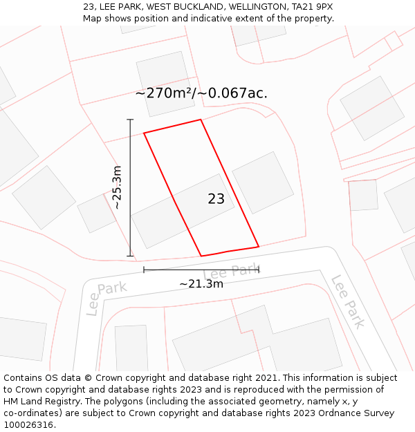 23, LEE PARK, WEST BUCKLAND, WELLINGTON, TA21 9PX: Plot and title map