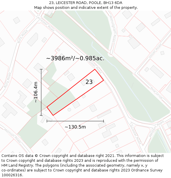 23, LEICESTER ROAD, POOLE, BH13 6DA: Plot and title map