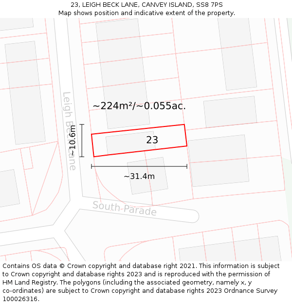 23, LEIGH BECK LANE, CANVEY ISLAND, SS8 7PS: Plot and title map