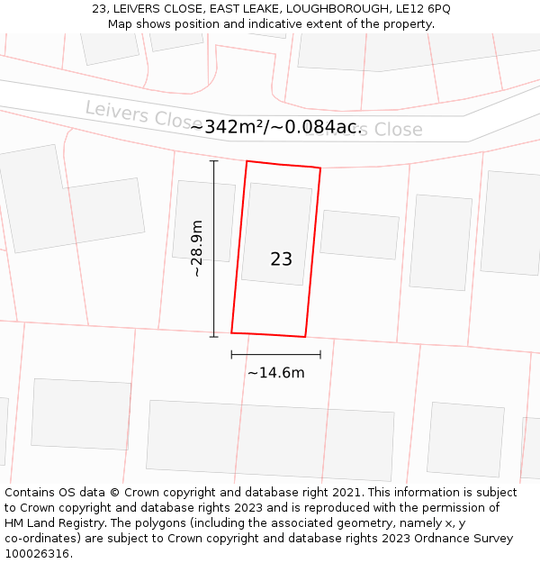 23, LEIVERS CLOSE, EAST LEAKE, LOUGHBOROUGH, LE12 6PQ: Plot and title map