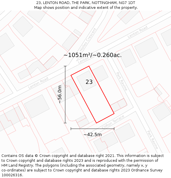23, LENTON ROAD, THE PARK, NOTTINGHAM, NG7 1DT: Plot and title map