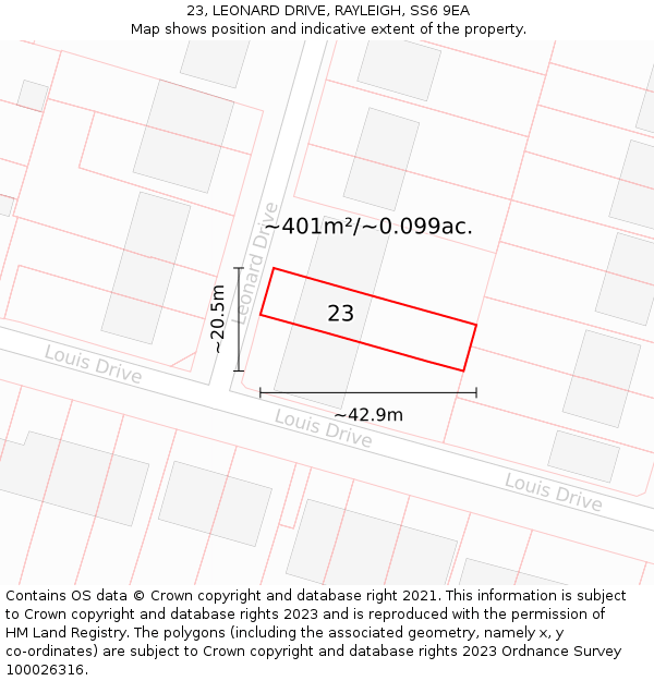 23, LEONARD DRIVE, RAYLEIGH, SS6 9EA: Plot and title map