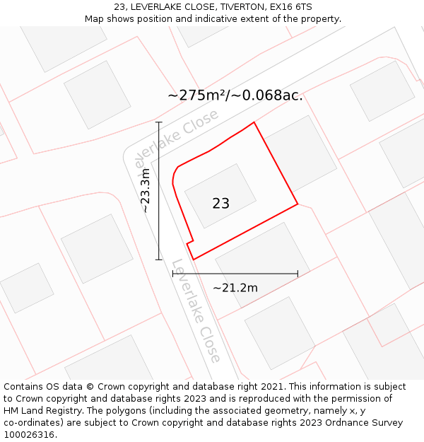 23, LEVERLAKE CLOSE, TIVERTON, EX16 6TS: Plot and title map