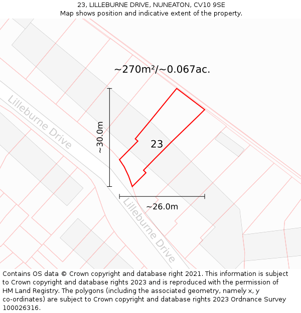 23, LILLEBURNE DRIVE, NUNEATON, CV10 9SE: Plot and title map